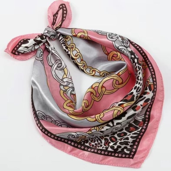Accessories - Vintage Chain Animal Print Scarf Satin Headscarf Bandana Pink White
